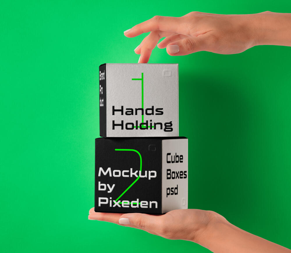 Hands Holding Cardboard Brand Cube Boxes Psd Mockup