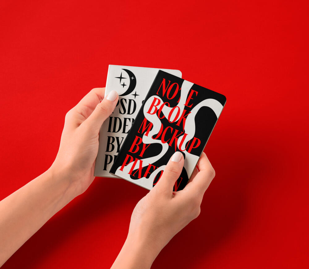 Hands Holding Pocket Classic Notebooks Psd Mockup
