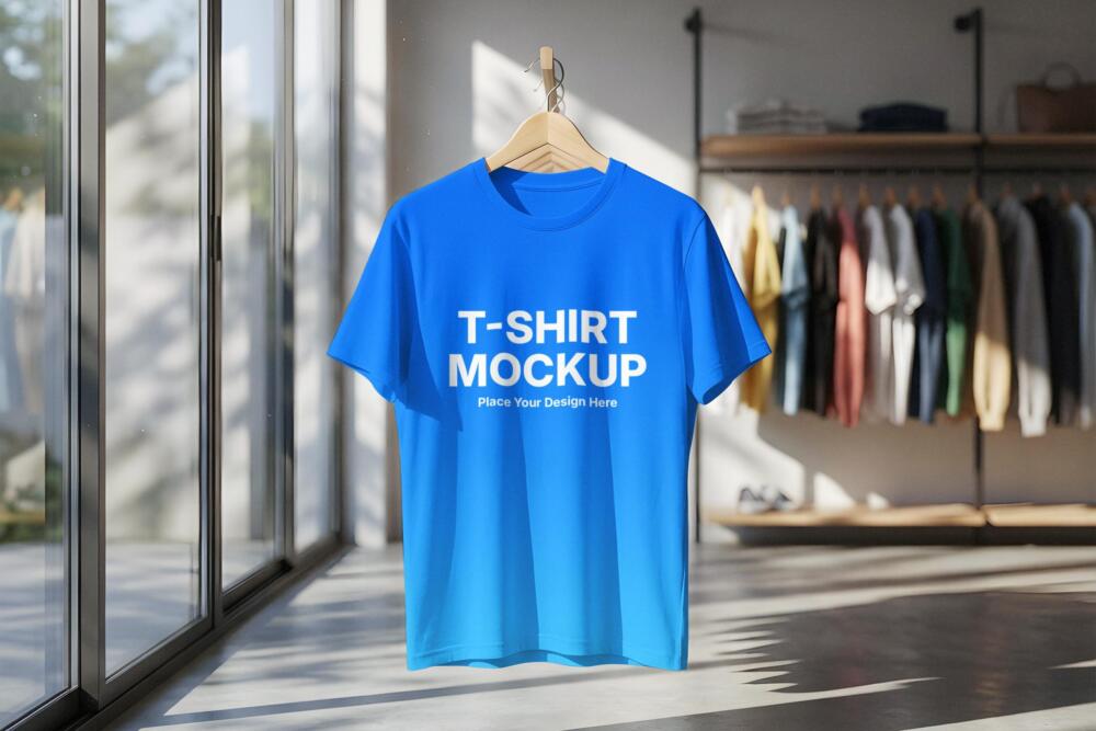 Hanging T-Shirt Mockup in Modern Clothing Store