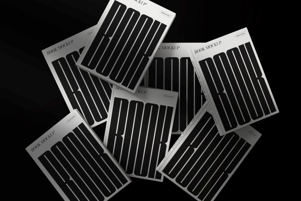 Hard Cover Book Mockups On Black Background V2 Top View