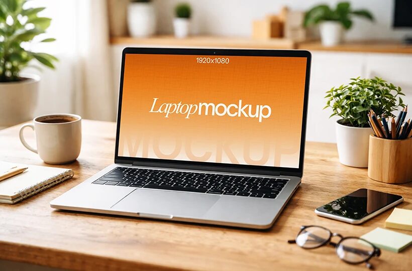 Home Office Laptop Mockup PSD, Clean Desk Scene
