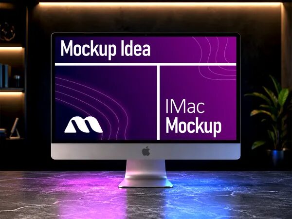 Imac Mockup On Dark Marble Desk — Neon Studio Scene (PSD)