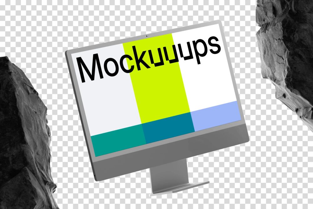 iMac mockup with rocky textures and dynamic shadows