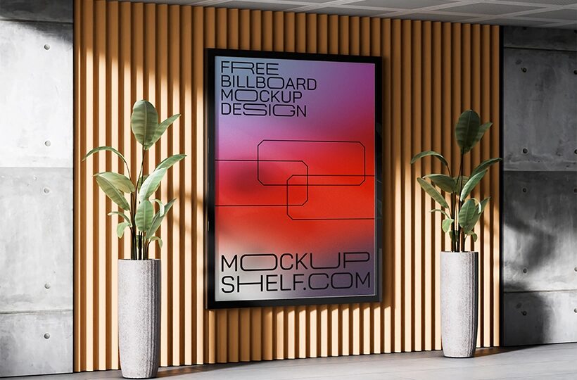 Interior Billboard Mockup PSD, Wooden Slat Wall Lobby