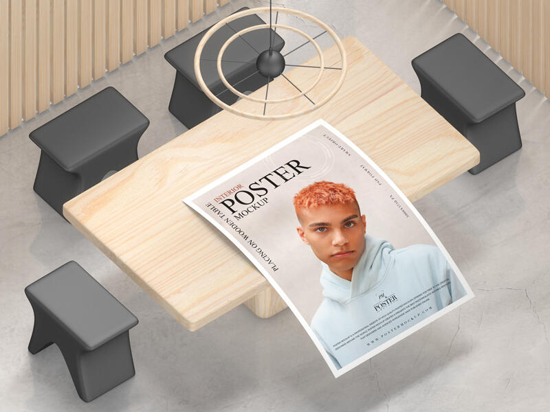 Interior Poster Placing on Wooden Table Mockup