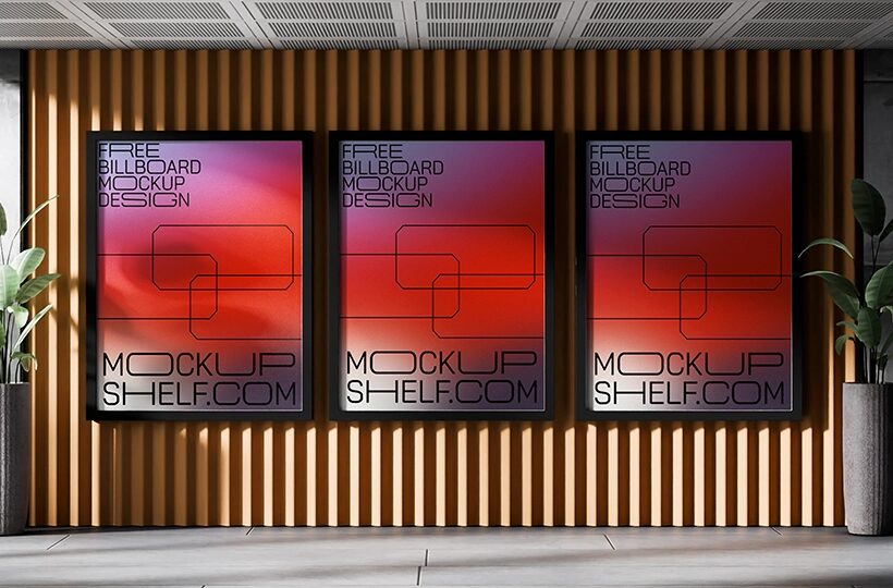Interior Triple Billboard Mockup PSD, Lobby Display Scene