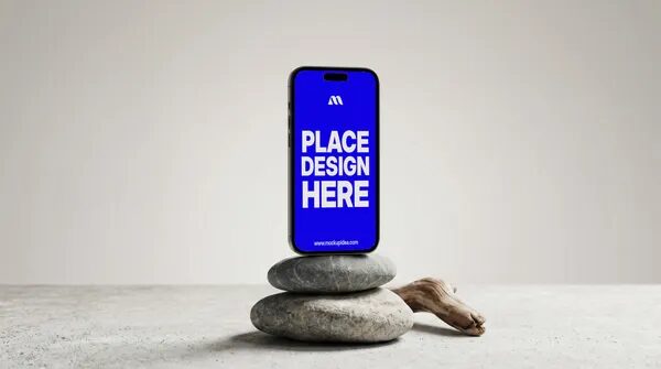 Iphone Mockup Balanced On Zen Stones — Organic Nature Scene (PSD)