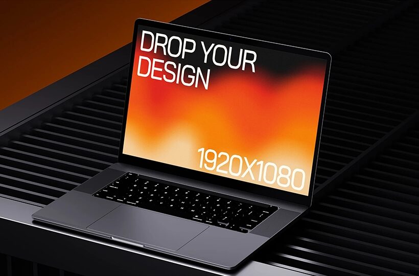 Laptop Mockup on a Dark Ribbed Surface