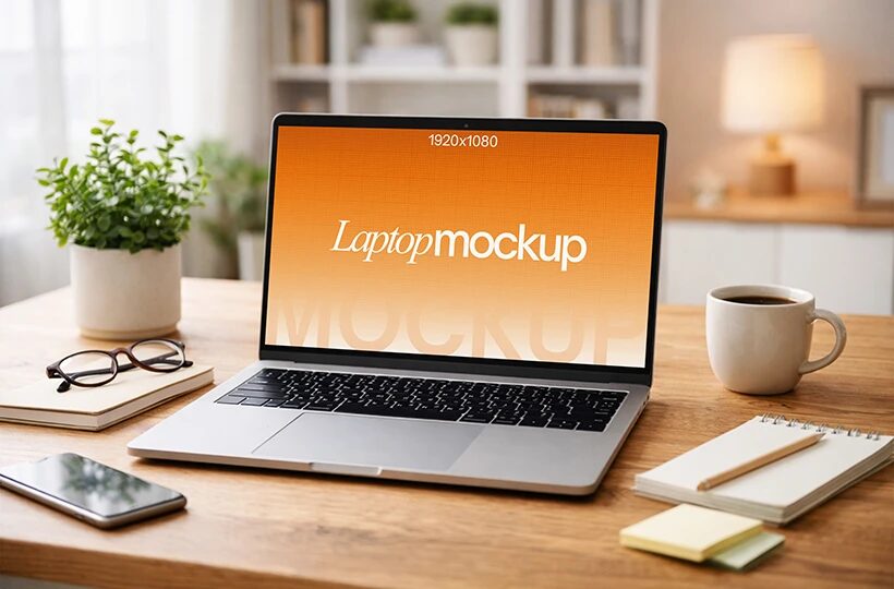 Laptop Mockup on Desk PSD, Cozy Home Office Scene