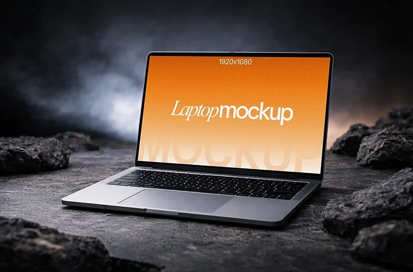 Laptop Mockup on Stone PSD, Dark Rocky Scene