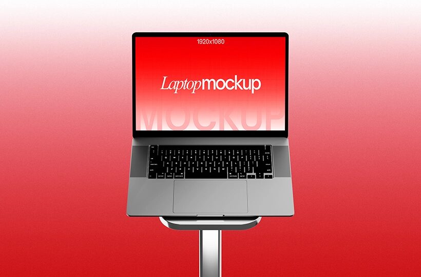 Laptop on Stand Mockup PSD, Studio Presentation