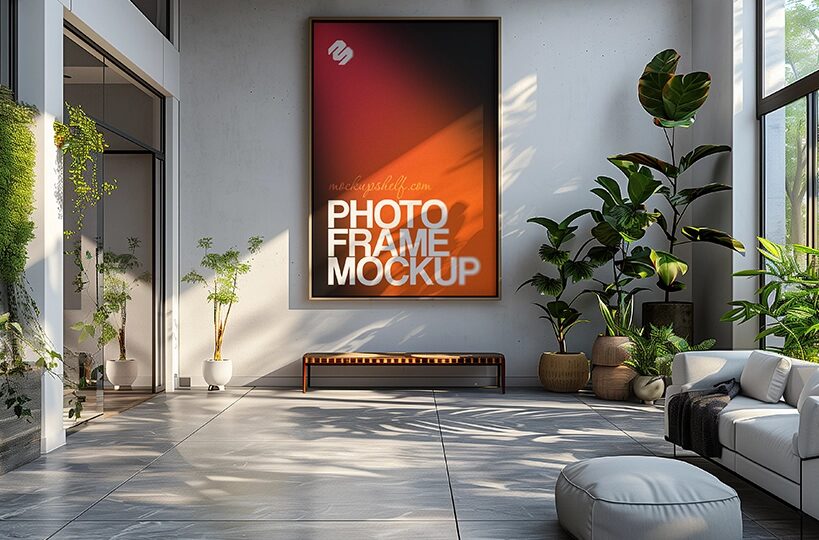 Living Room Photo Frame Mockup PSD, Styled Interior Scene