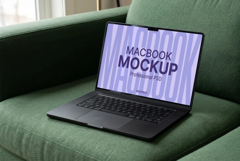 MacBook Mockup on Green Fabric Sofa