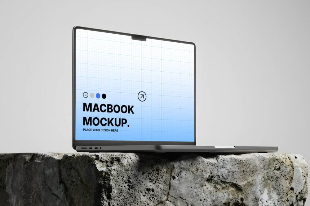 MacBook on Rock Mockup for UI Presentation