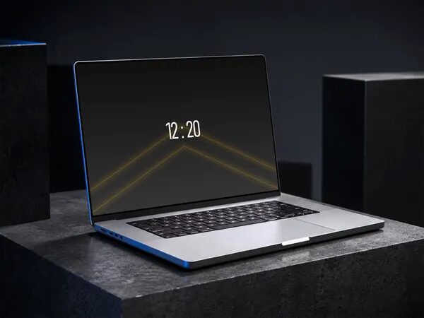 Macbook Pro Mockup On Dark Stone Pedestal — Cinematic Scene (PSD)