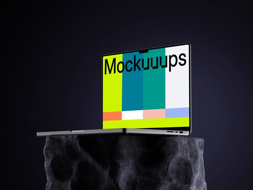 MacBook Pro mockup on stone pedestal