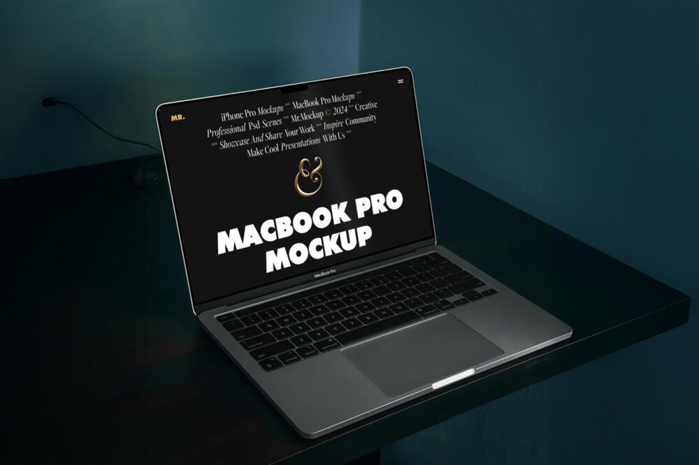 MacBook Pro on Black Table Mockup