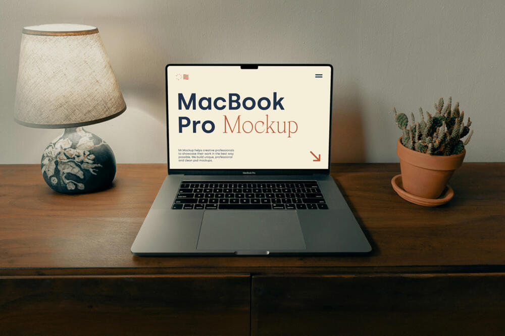 MacBook Pro On The Wooden Dresser Mockup