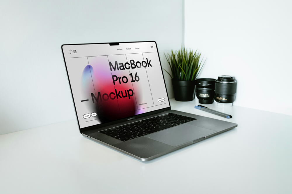 MacBook Pro on Wood Desk PSD Mockup