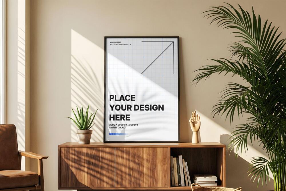 Minimalist Poster Frame Mockup on Wooden Sideboard