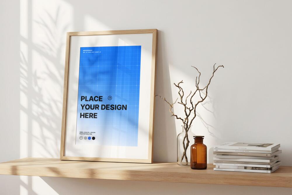 Minimalist Wood Poster Frame Mockup on Shelf