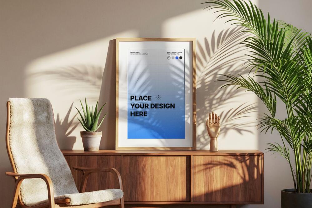 Minimalist Wooden Frame Mockup in Sunny Interior