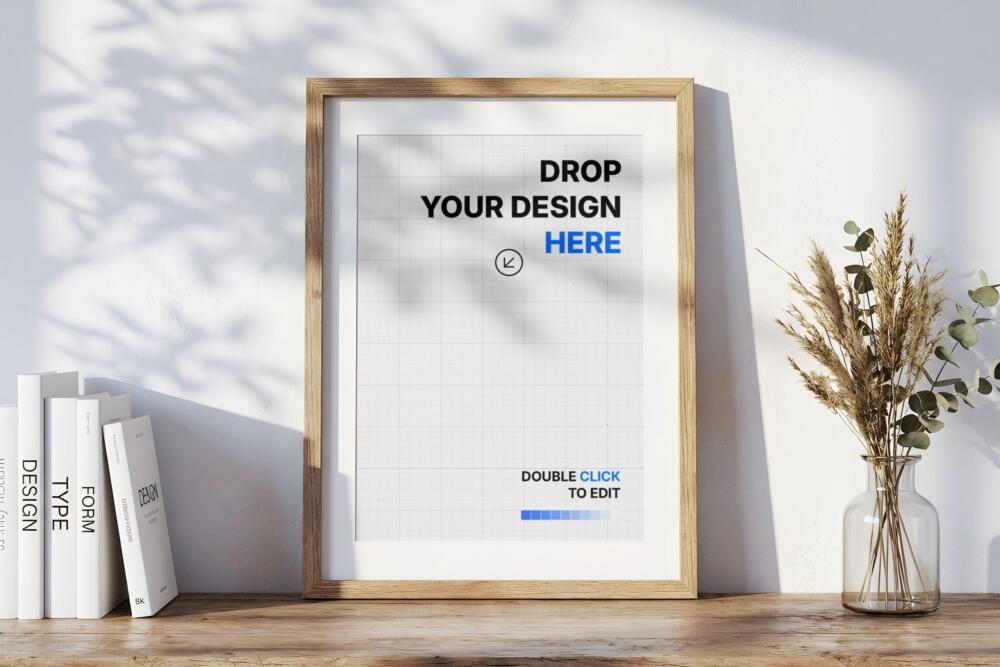 Minimalist Wooden Frame Poster Mockup on Wood Shelf