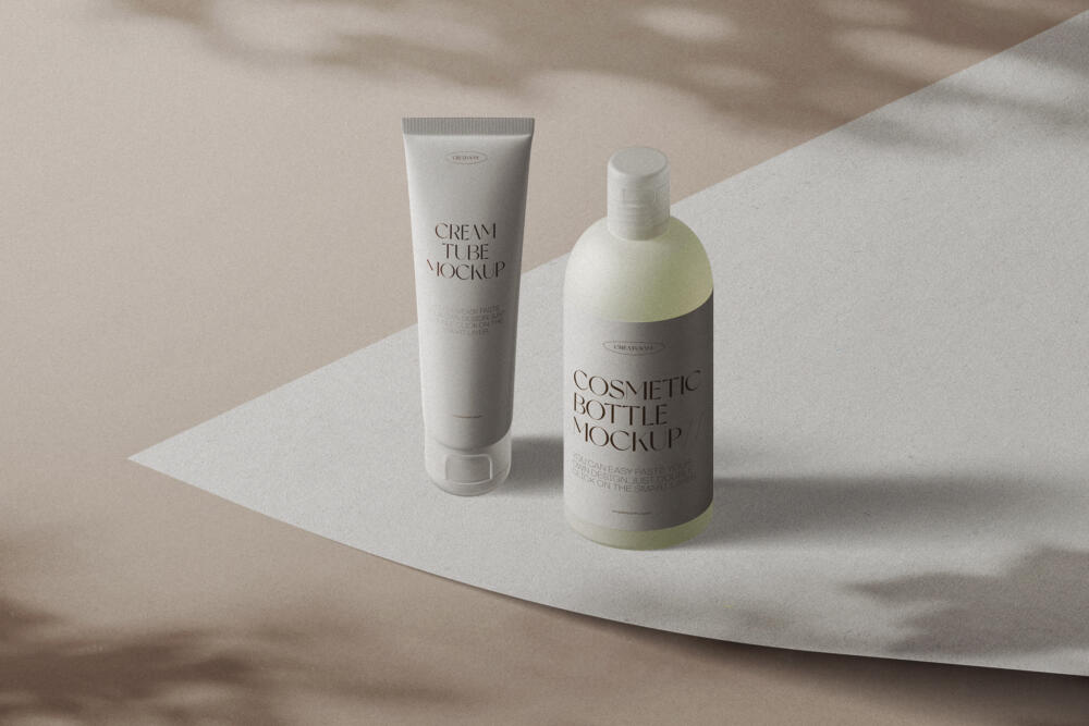 Minimalistic Scene With Cosmetic Tube And Bottle Mockups Isometric