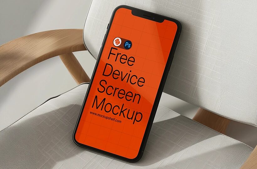 Mobile Mockup on Soft Chair PSD, Floating Scene
