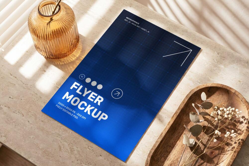 Modern A4 Flyer Mockup on Stone Table