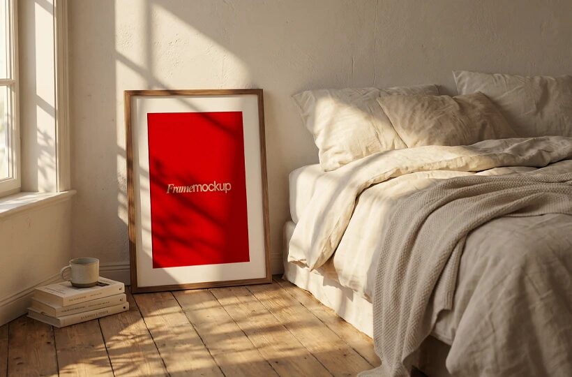 Modern Frame Mockup PSD — Warm Bedroom Interior Scene