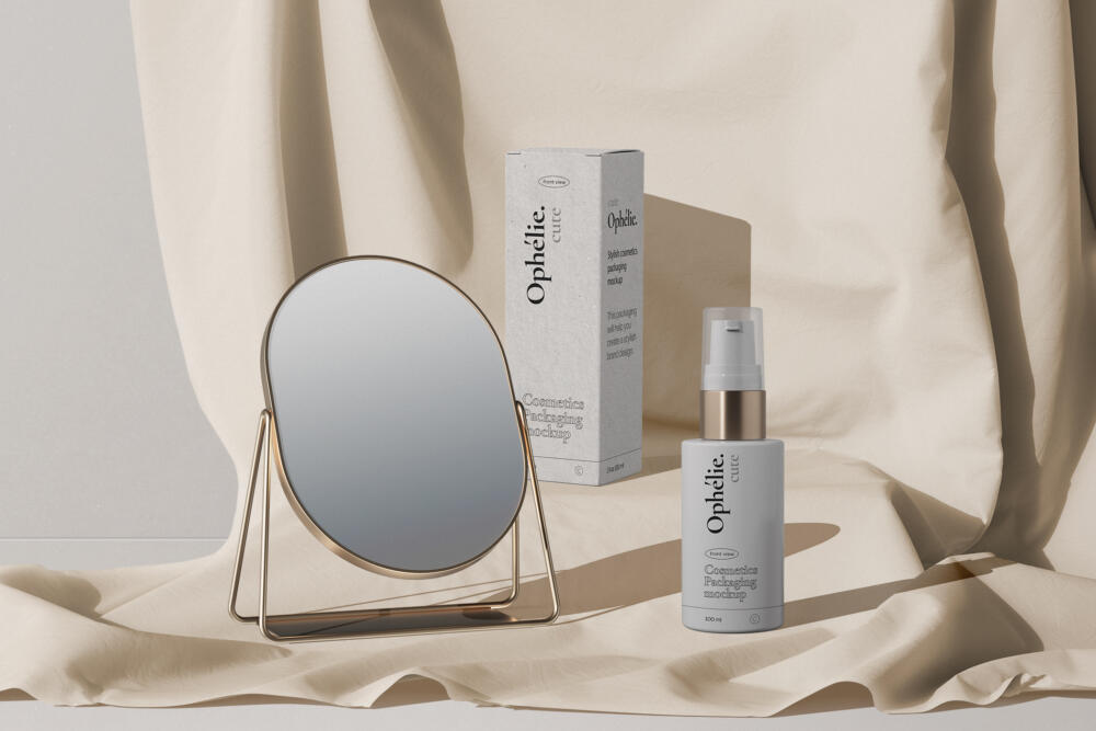 Modern Scene With Cosmetics Bottle And Paper Box Mockups Front View