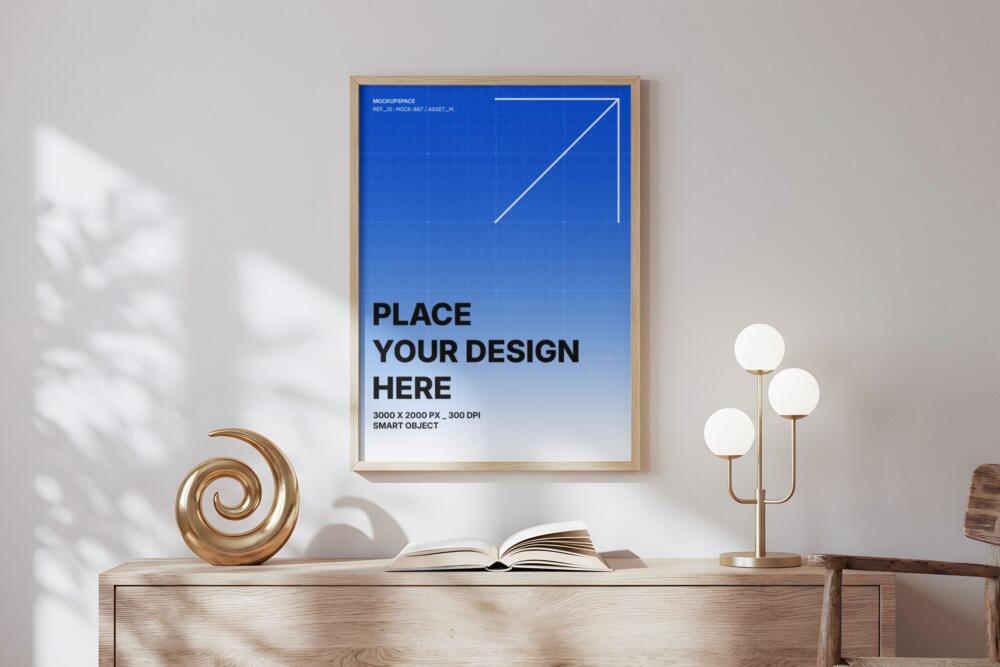 Modern Vertical Wooden Poster Frame Mockup on Wall