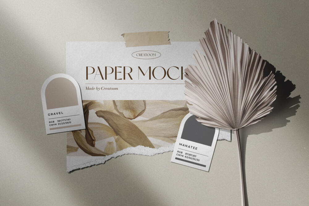 Moodboard Paper Color Pallete Mockup With Dry Palm Branch