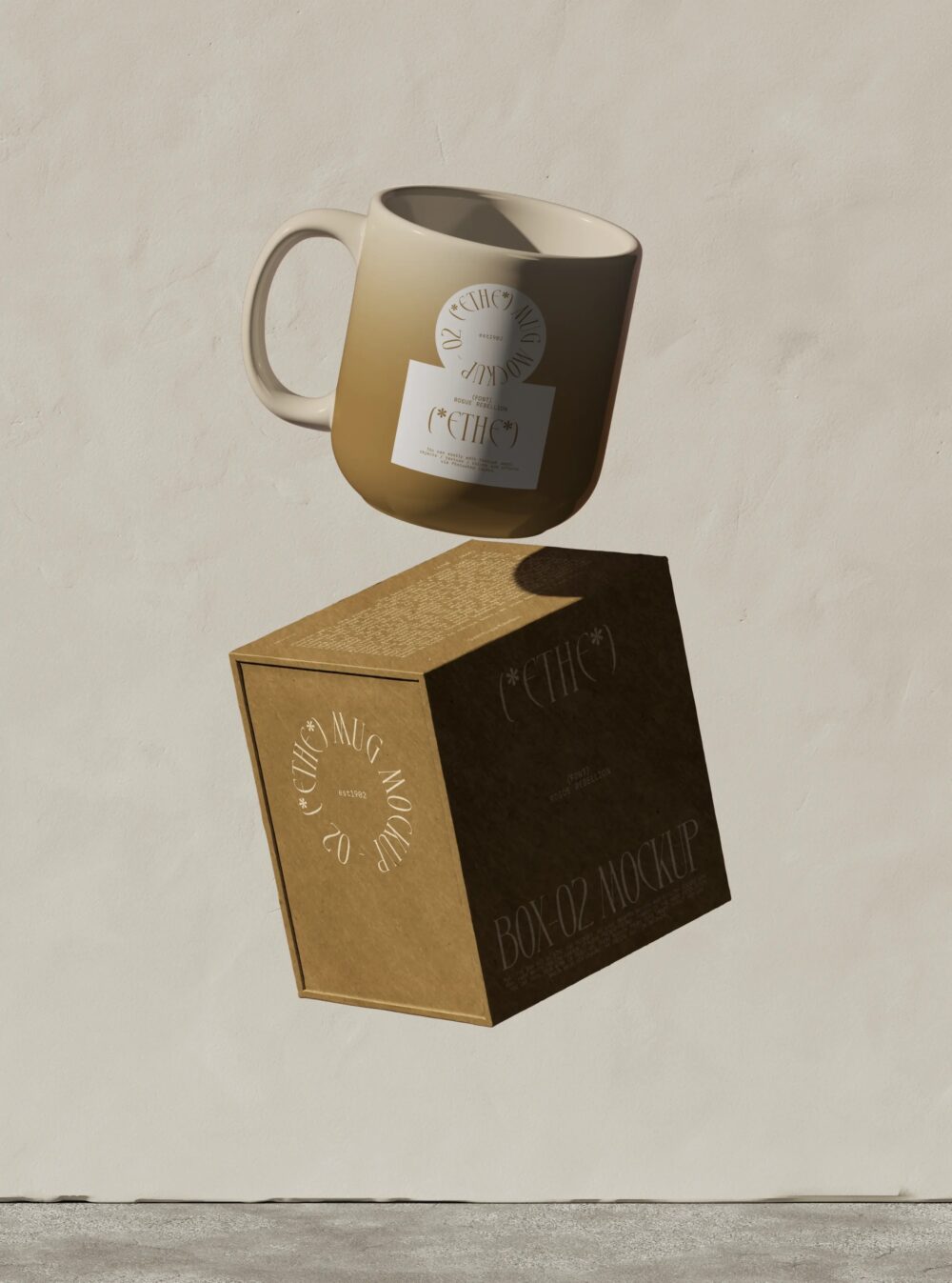 Mug And Box Mockup Floating Near The Wall Front View | Mockup store