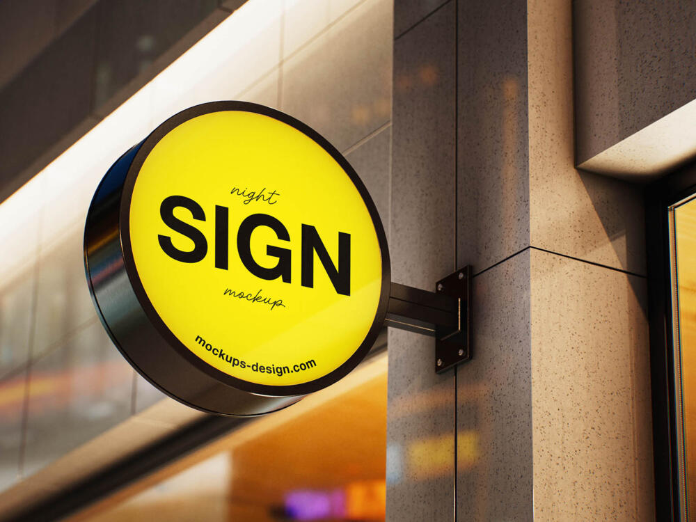 Night-lit round sign mockup