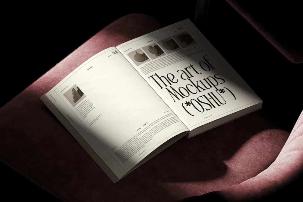 Open Book Mockup On Velvet Chair V4 Isometric
