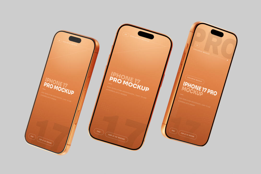 Orange iPhone 17 Pro Mockup Angled Perspective Set