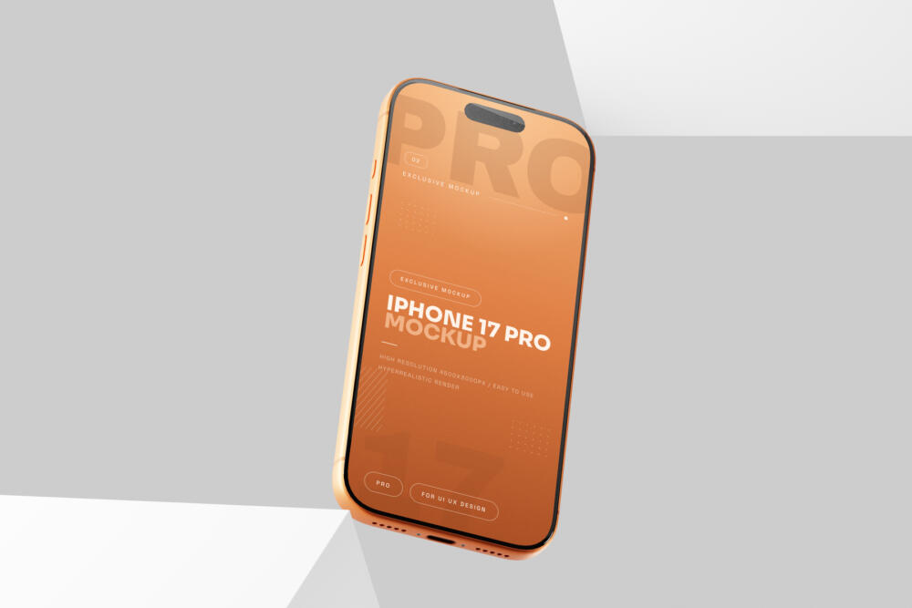 Orange iPhone 17 Pro Mockup Floating Angled Perspective