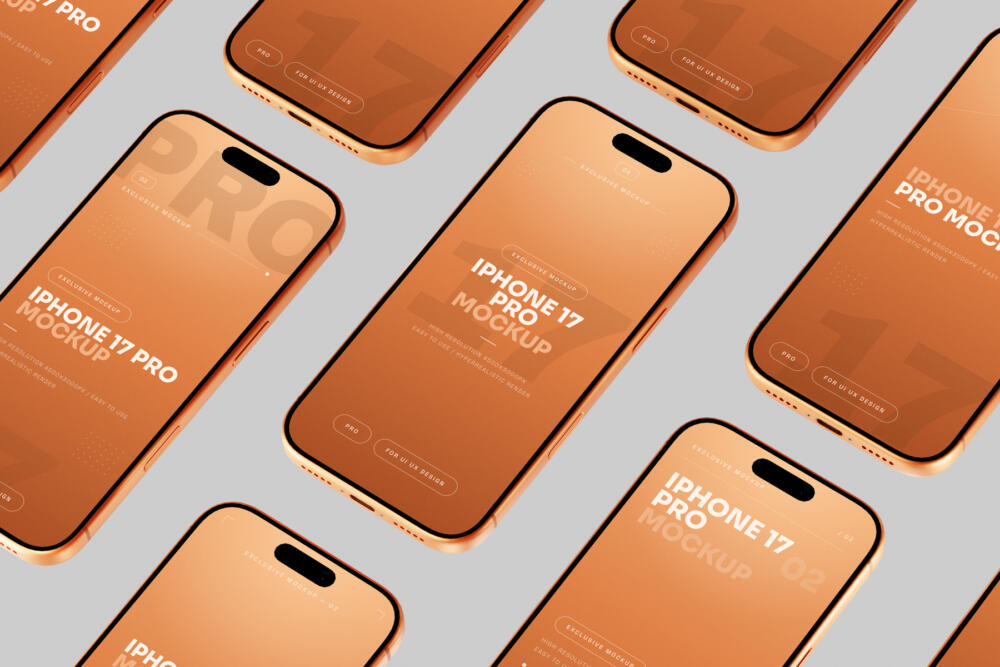 Orange iPhone 17 Pro Mockup Top View Set