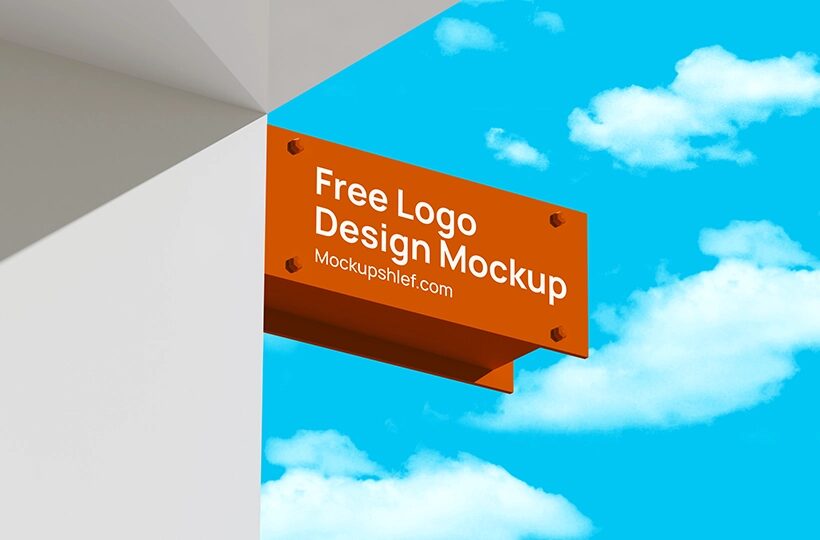 Outdoor Blade Sign Logo Mockup PSD, Building Corner Scene