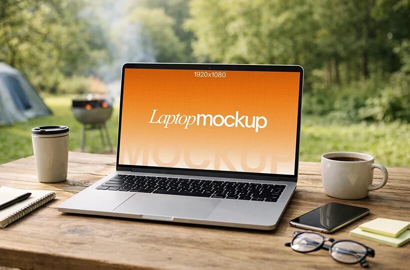 Outdoor Laptop Mockup PSD, Rustic Camping Desk Scene