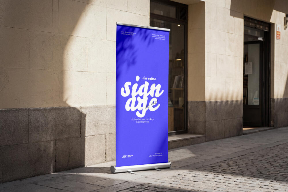 Outdoor Roll-Up Banner Mockup with Leaf Shadow
