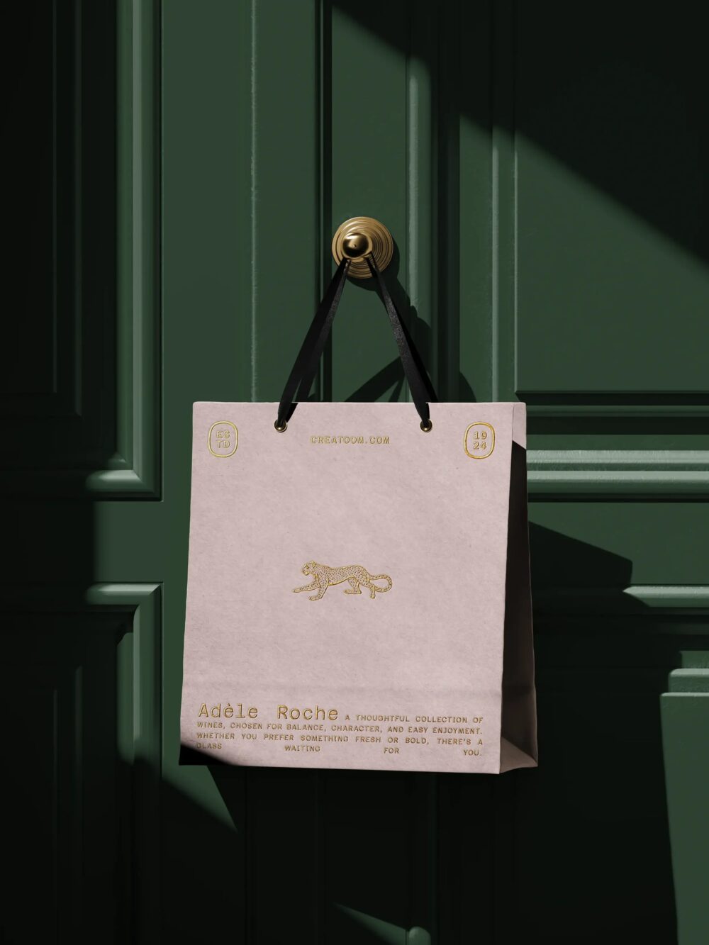 Paper Bag Hanging On A Classic Door Front View | Mockup store