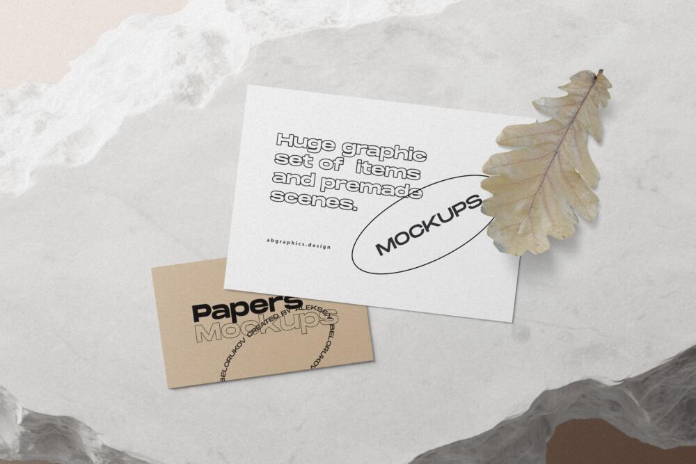 Paper Cards With Oak Leaf Mockup Top View