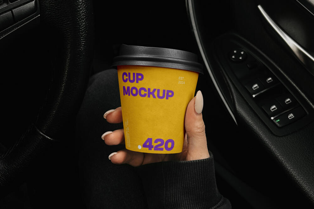 Paper Coffee Cup in the Car Mockup