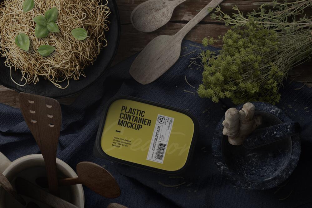 Pasta Preparation And Plastic Container Mockup Top View