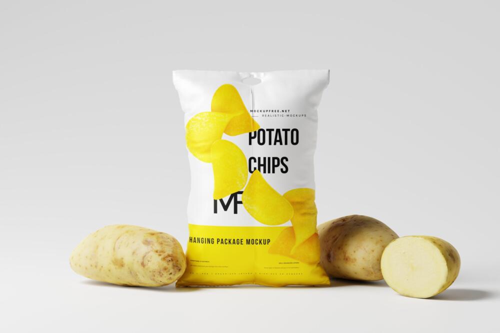 Potato Chips Bag Mockup with Potatoes in Background
