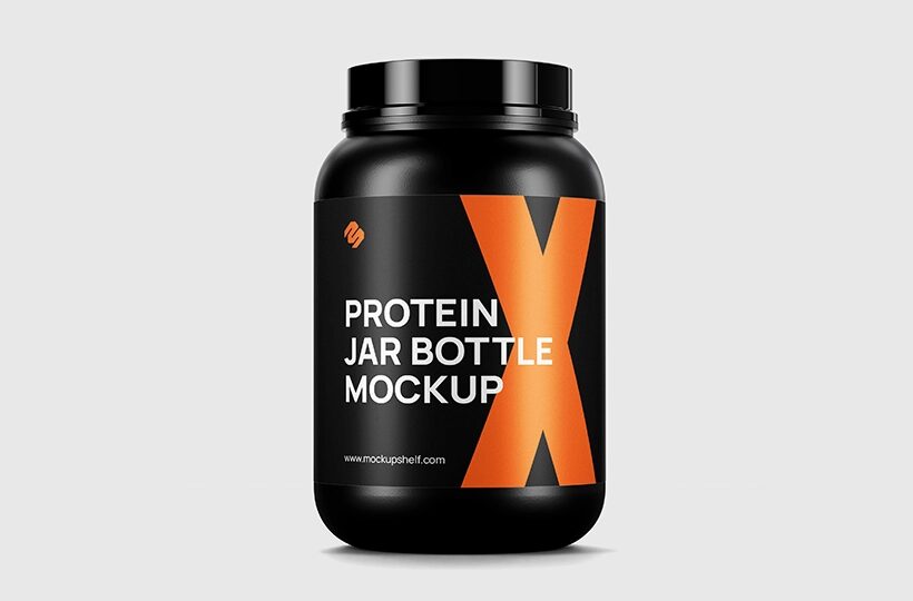Protein Jar Mockup on Solid Backdrop PSD, Studio Scene