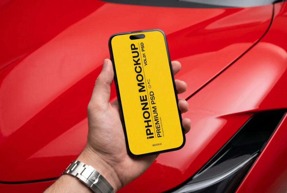 PSD Handheld iPhone Mockup with Sports Car